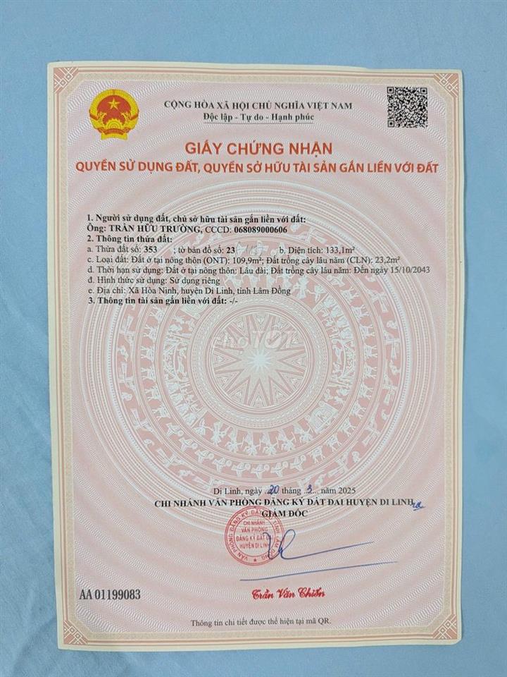 Đất thổ cư Xã Hòa Ninh - Di Linh Cách chợ quốc lộ 7km