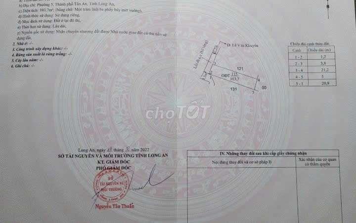 ĐẤT ODT 
mềm : P5  TP TÂN AN- LONG AN.CŨ..
Diện Tích: 103.7mv ODT shr