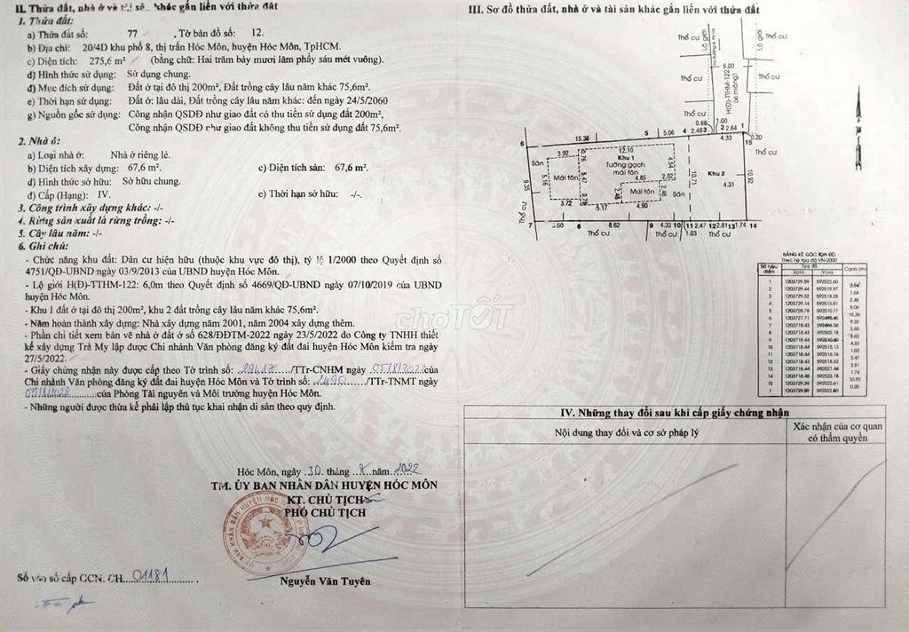Hóc Môn – Bán Đất 275,6m² Có Sẵn Nhà Cấp 4, 200m² Thổ Cư hẻm Lê Thị Hà