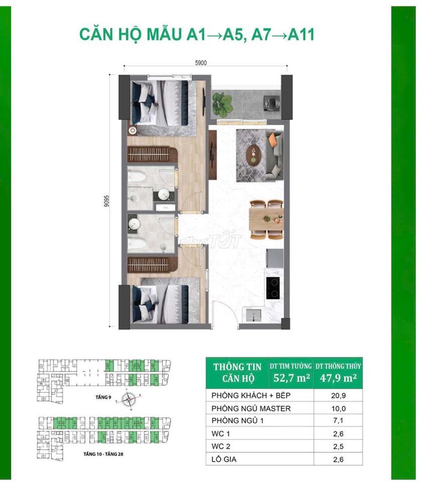 Bán căn hộ 2PN - 2WC - Bcons City: Tháp Green Diamond