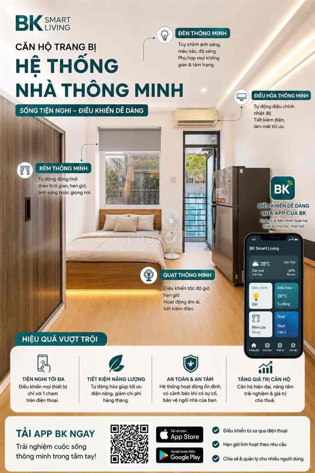 Căn hộ Studio được lắp đặt sẵn hệ thống SmartHome có ban công