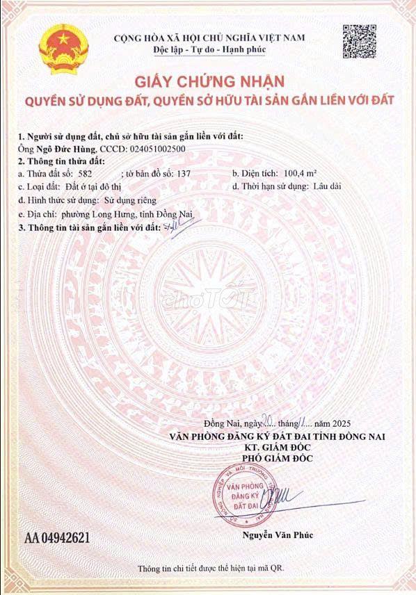 Bán đất Biên Hòa, 1,8 tỷ, 100m2, sổ hồng sẵn