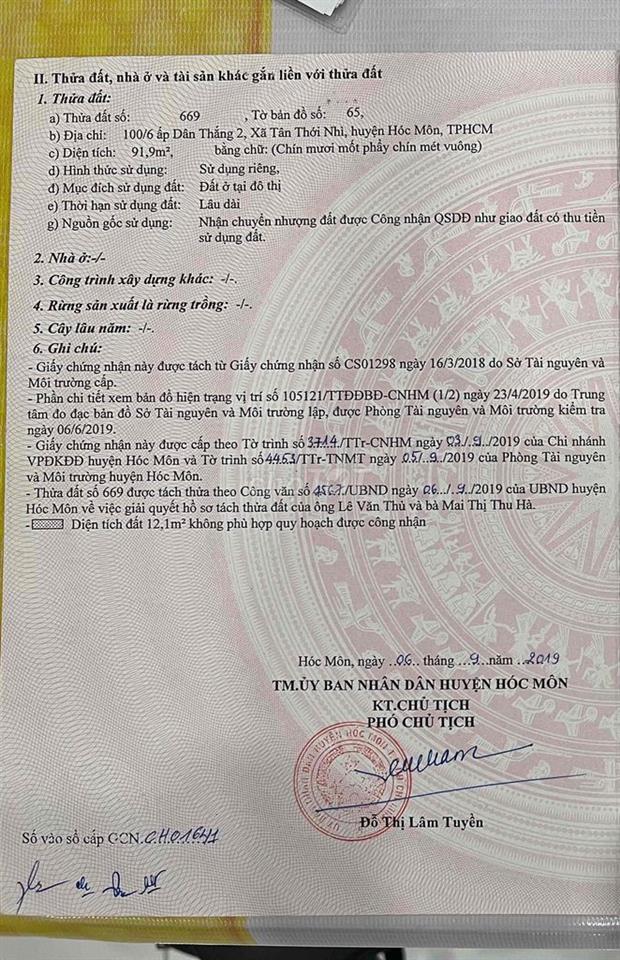 BÁN ĐẤT THỔ CƯ CHÍNH CHỦ – XÃ TÂN THỚI NHÌ, HÓC MÔN – SỔ HỒNG RIÊNG