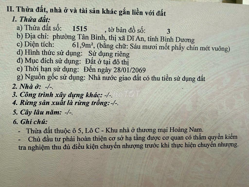 [CHÍNH CHỦ] ĐẤT 61.9M² KDC HOÀNG NAM – TÂN BÌNH, TP. DĨ AN
