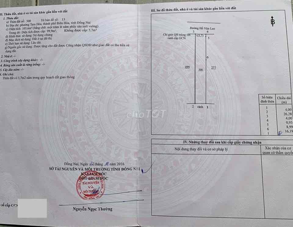 [Biên Hoà] Bán đất 100m2 Đường Hồ Văn Leo