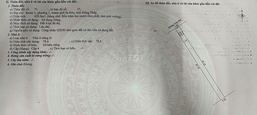 Chính chủ bán 430m2 nhà và thổ cư mặt tiền Trần Phú,P1 Sa Đéc, 28tr/m2