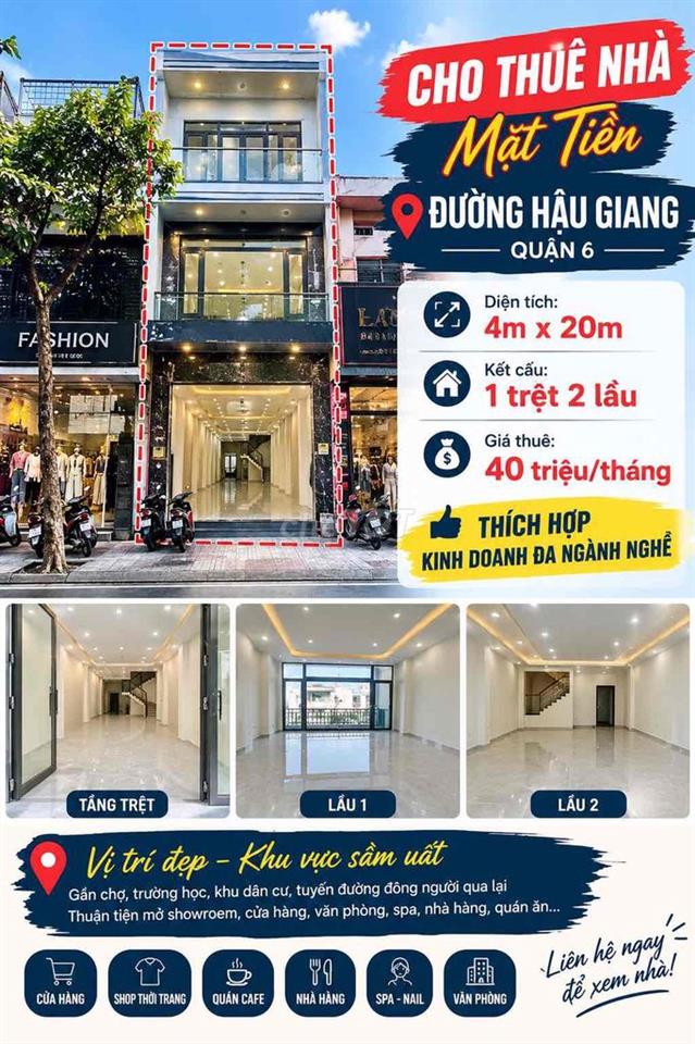 Cho Thuê Nhà Mặt Tiền Hậu Giang 4 x 20 1 trệt 2 lầu Giá 40tr