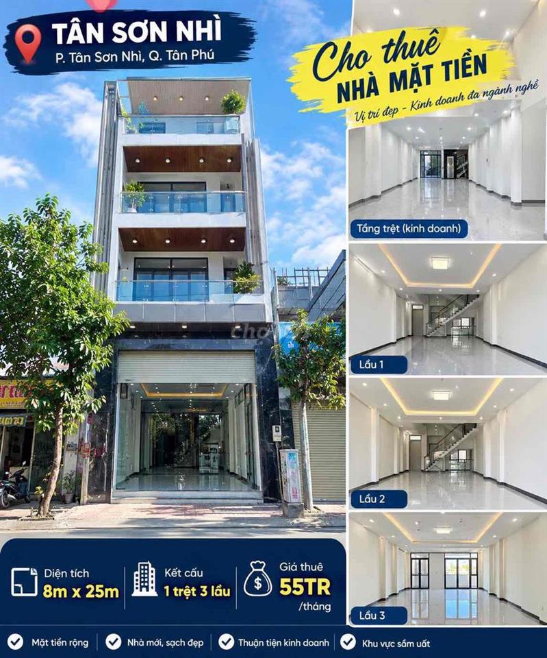 Cho Thuê Nhà Tân Sơn Nhì 8m x 25m 1 trệt 3 lầu Giá 55tr Siêu phẩm