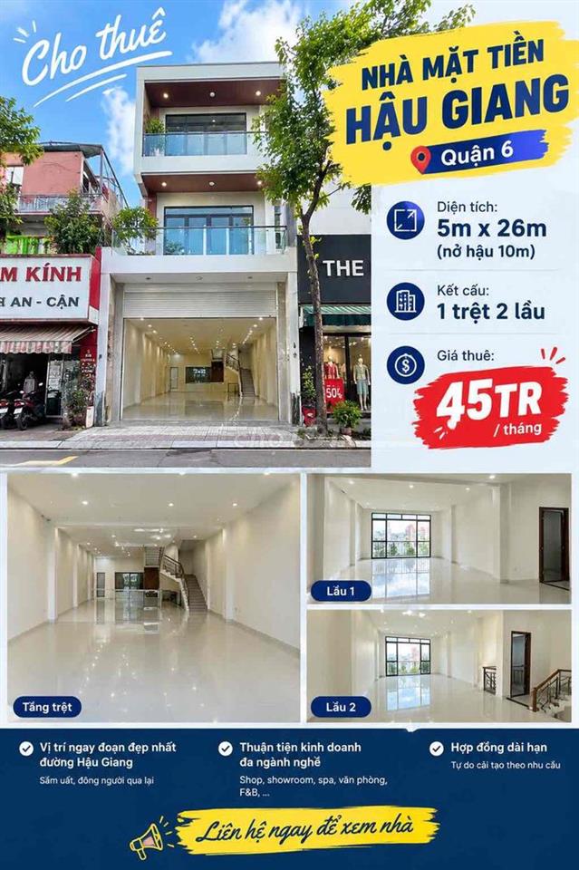 Cho Thuê Nhà Hậu Giang 5 x 26 ( nở hậu 10m ) 1 trệt 2 lầu 45tr cực hot