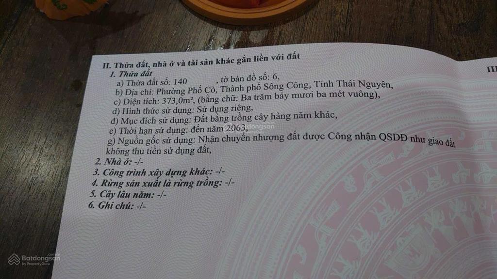 Bán đất tại phố cò, sông công, thái nguyên, 555 triệu, 373 m2, mặt tiền 11m, ngõ 3m, pháp lý đầy đủ