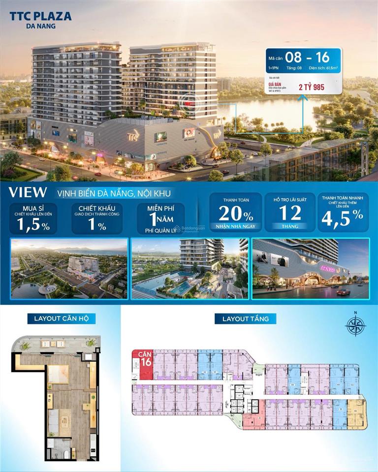 Căn hộ 1pn+1 view vịnh biển đà nẵng  lô gia rộng  tiềm năng cho thuê | ttc plaza đà nẵng