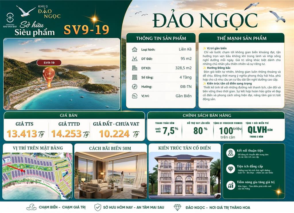 Bán liền kề đảo ngọc 95m | mặt đường lớn | cách biển 50m | ck 7,5%