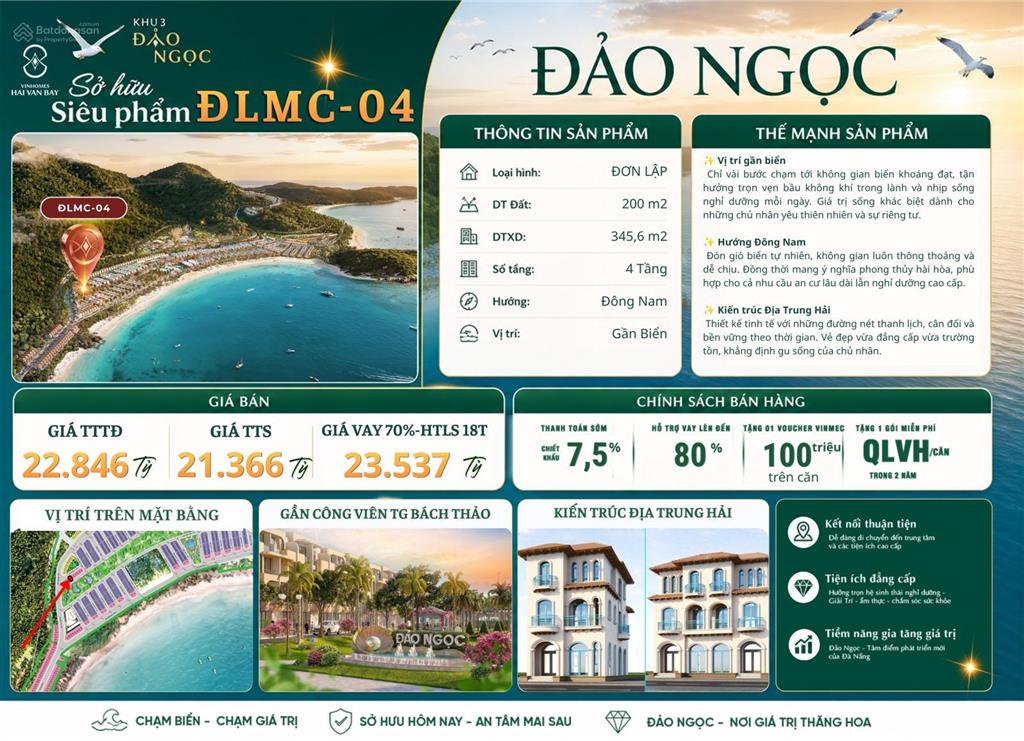 Biệt thự đơn lập 200m đảo ngọc | gần biển | gần công viên bách thảo | ck 7,5%