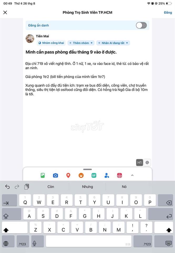 phòng trọ 1tr2 tháng 9 vô ở