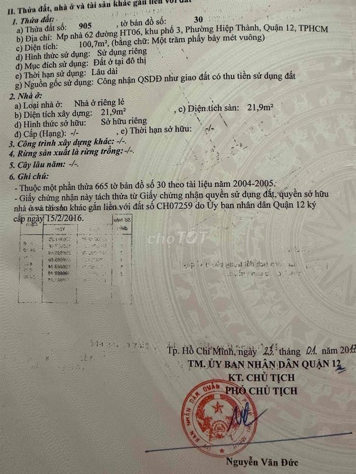 bán đất hiệp thành 06 quận 12 100m2 hạ 600tr còn 6t2 chốt trong 7 ngay