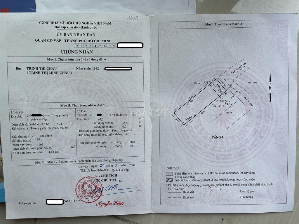 Giảm mạnh mẽ!! Nhà hẻm 637 Quang Trung, ngay sau BV Gò Vấp, Co.opmart