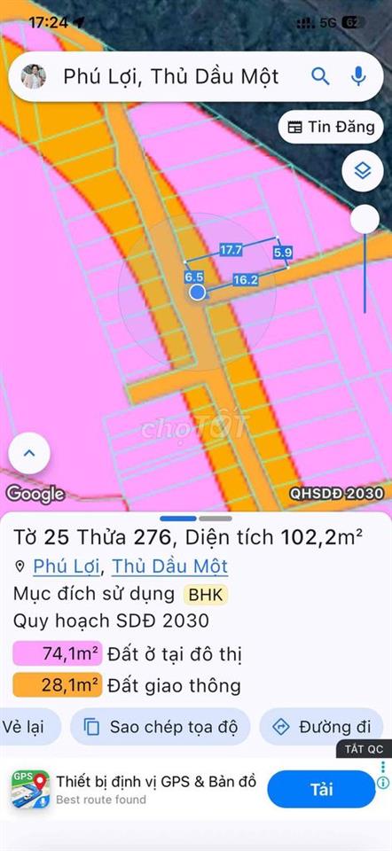 Bán Đất Phường Phú Lợi , Tdm , 6x17  Tc 75m Chỉ cần trả trước 800tr sở