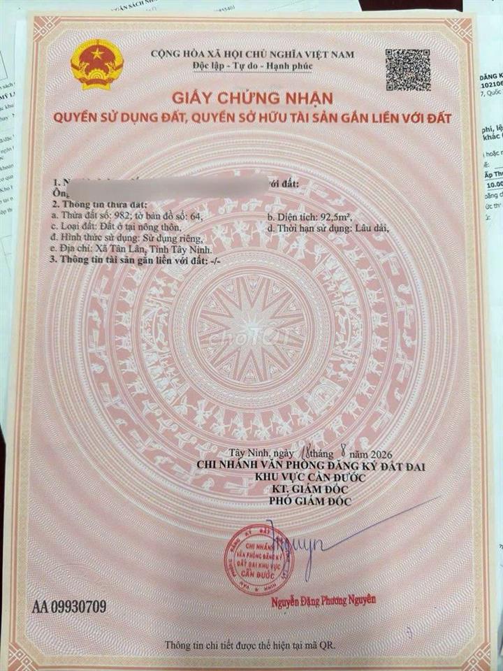Bán Gấp Nền 92m2 Thổ Cư Đường Ô Tô Gần Ngã 3 Tân Lân