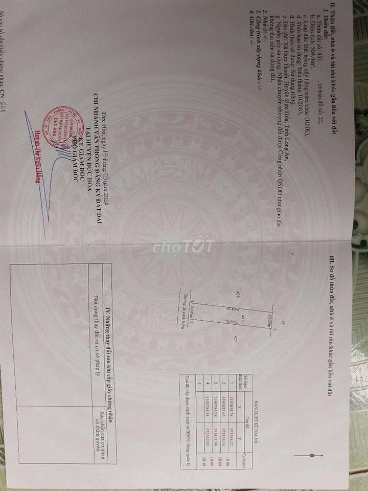 Đối Diện Ấp Văn Hoá 1A Xã Đư s Hoà 10x50 có hai nền