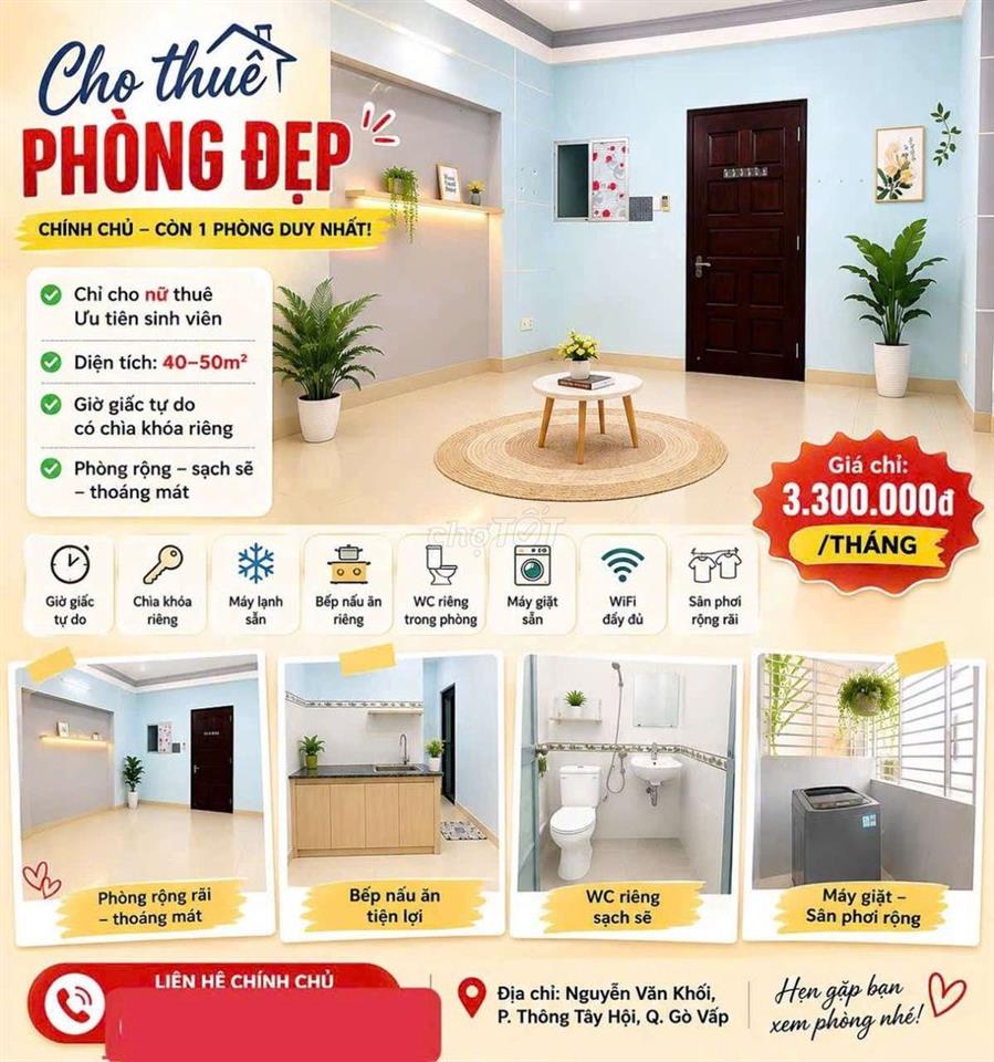 Phòng ChDv 40m2 full nội thất có bếp nấu ăn wc trong phòng