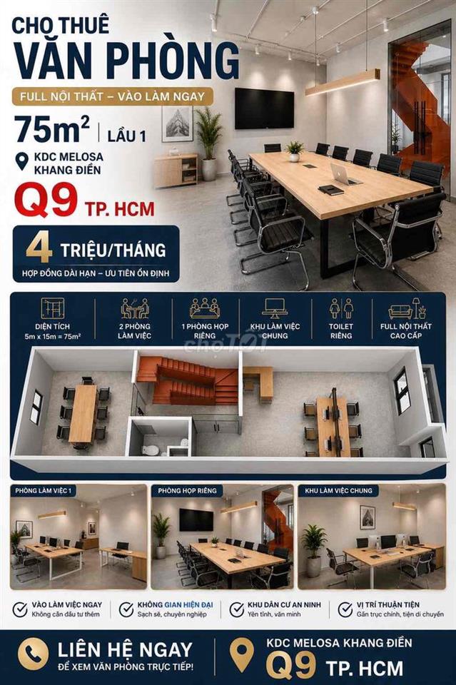CHO THUÊ VĂN PHÒNG 75M² FULL NỘI THẤT – 4TR/THÁNG – KDC MELOSA KHANG Đ