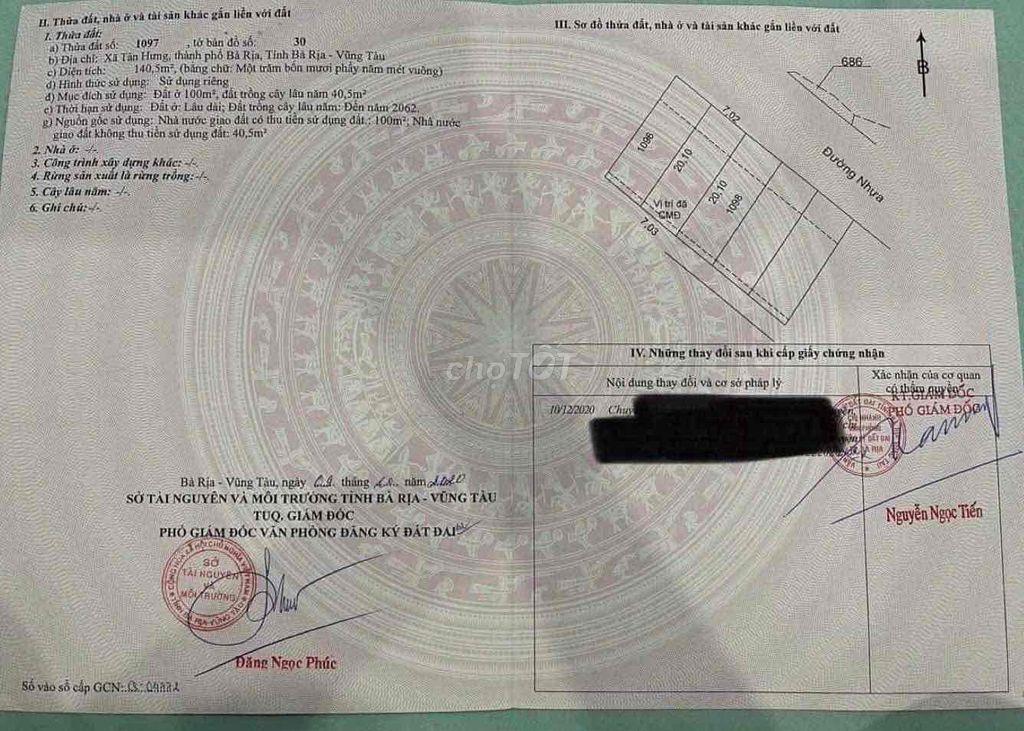 Chính chủ bán lô đất Tân Hưng Bà Rịa nay TPHCM giá 1.320 tỷ