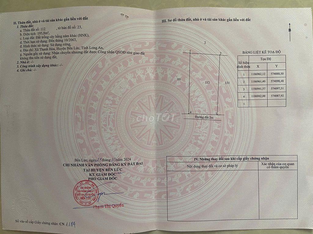 Sang đất 10m x20m Thạnh Hoà, Bến Lức. Sổ hồng riêng!