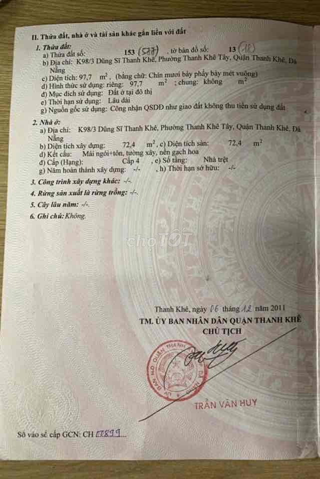 [CHÍNH CHỦ] Bán nhà cấp 4 KIỆT DŨNG SĨ THANH KHÊ