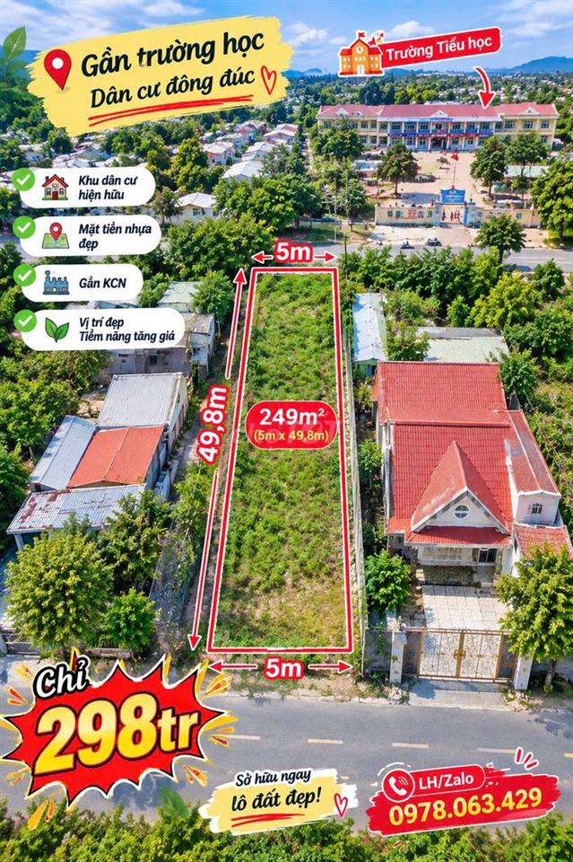 CHỦ CẦN RA NHANH LÔ ĐẤT  249M² GIÁ 298TR GẦN TRƯỜNG HỌC 