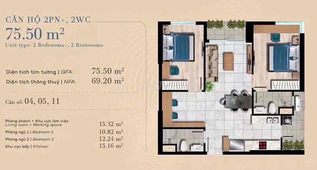 Chính chủ chuyển nhượng căn góc The Gió Riverside 75m2 trọn view sông