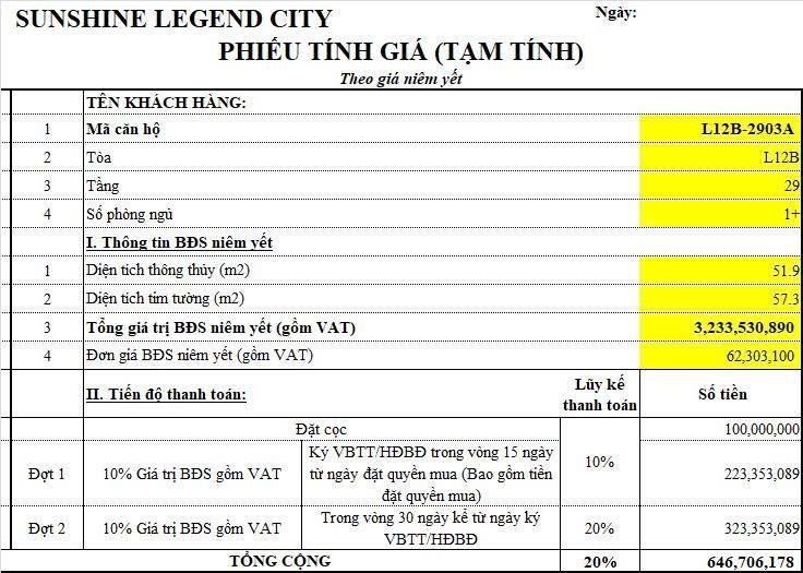 Chính chủ cần bán căn hộ 1PN+ dự án Sunshine Legend City đã đóng 647tr thu về 150tr