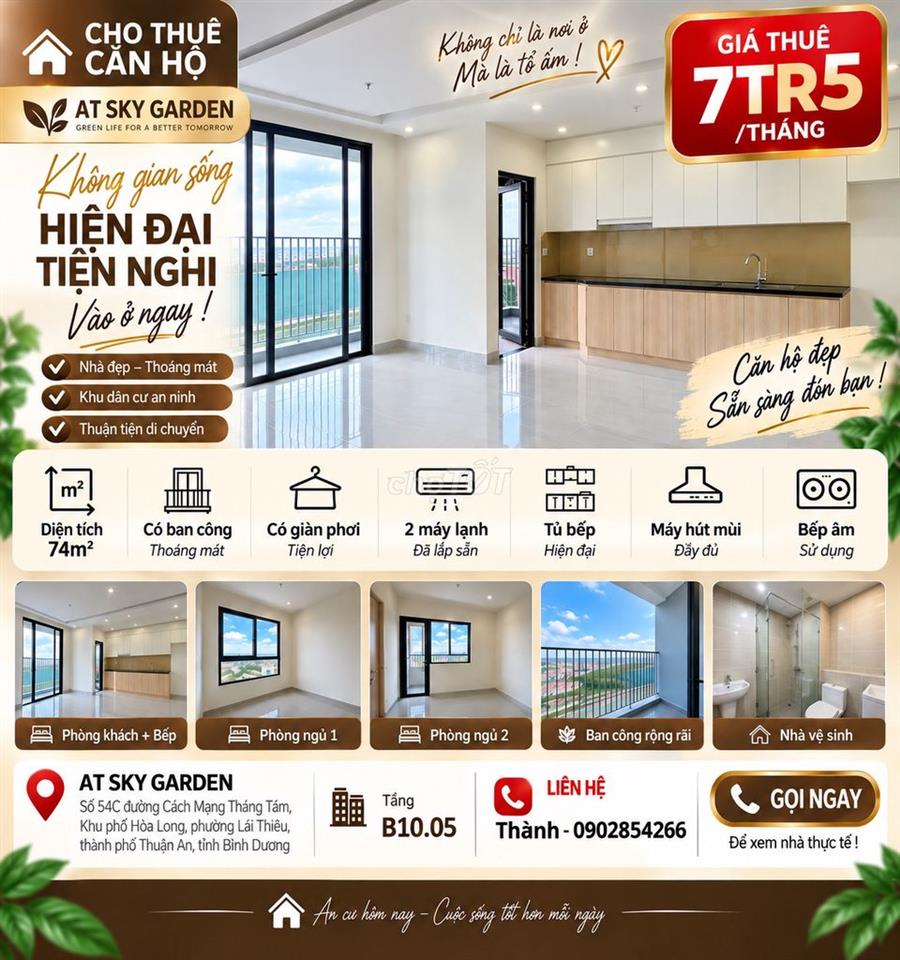 Cho Thuê AT SKY GARDEN Lái Thiêu 2PN 74m² – Gần VSIP 1 – 7,5 Triệu