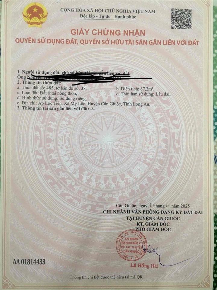chính chủ bán 90m2  thổ cư xã mỹ lộc cần giuộc long an