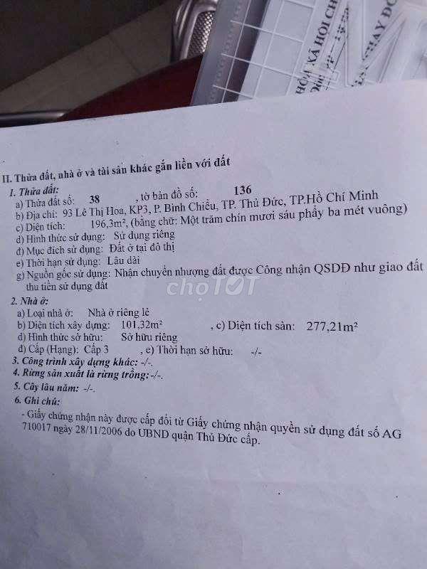 Cần bán nhà mặt tiền đường Lê Thị Hoa, Tam Bình, Thủ Đức, Hcm