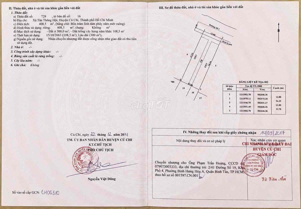 CHỦ NGỘP CẦN BÁN NHANH ĐẤT 408,5M² GẦN CHỢ VIỆT KIỀU, CỦ CHI