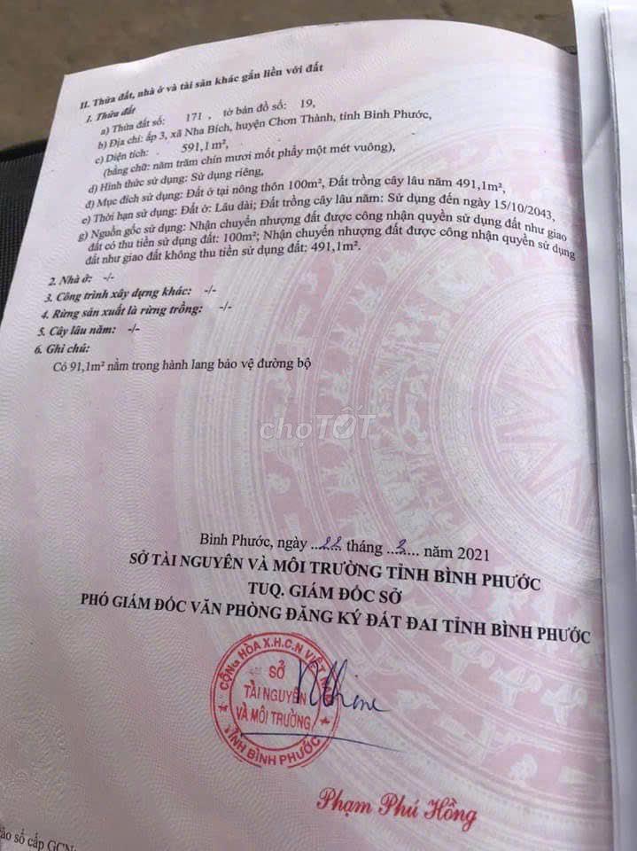 Bán đất mặt tiền tại ấp 3, x. Nha Bích, Chơn Thành, B. Phước