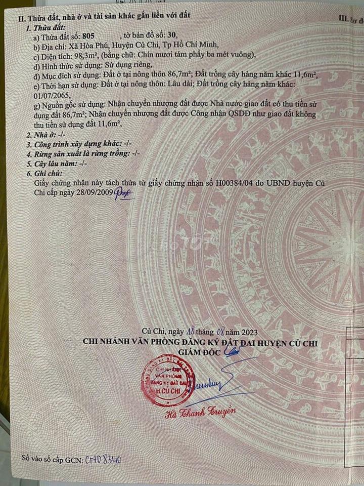 Cần bán đất thổ cư Kề cận Khu CN Đông Nam Củ Chi