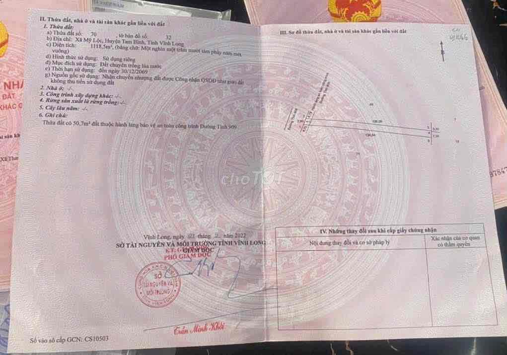 Cần bán Đất mặt tiền đường tỉnh lộ  909. Xã Mỹ Lộc , Tam Bình, tỉnh Vĩ