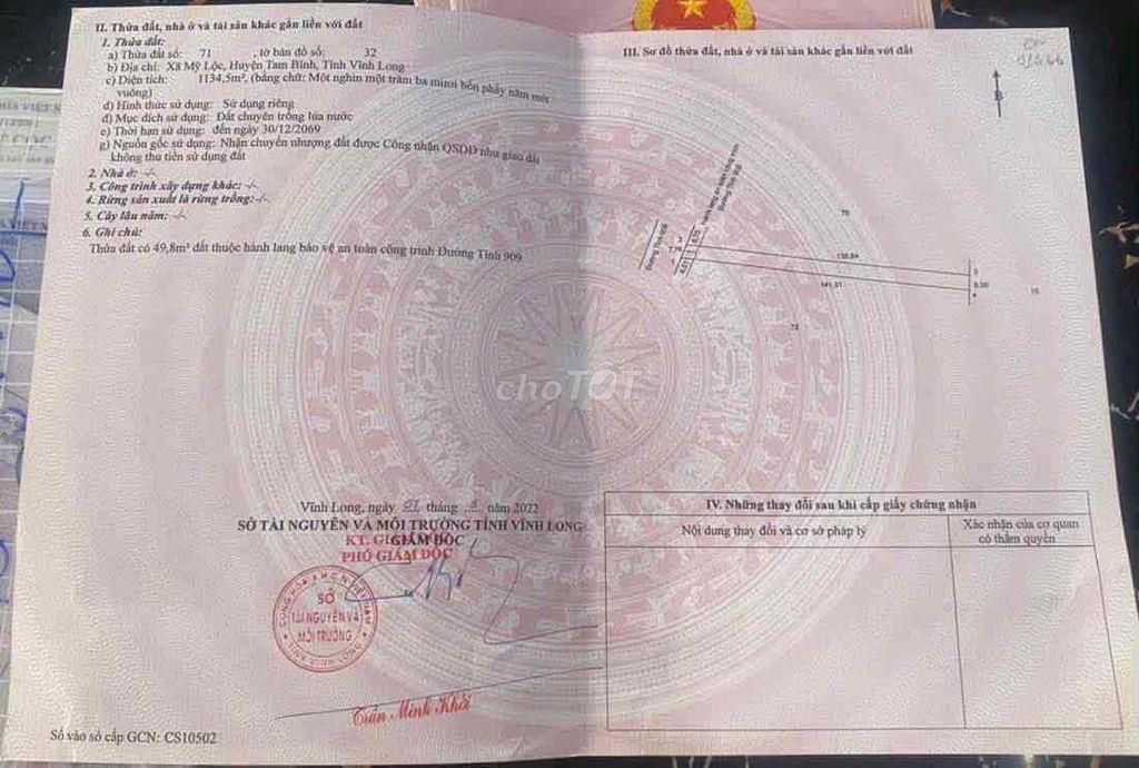 Cần bán Đất mặt tiền đường tỉnh lộ  909. Xã Mỹ Lộc , Tam Bình, tỉnh Vĩ