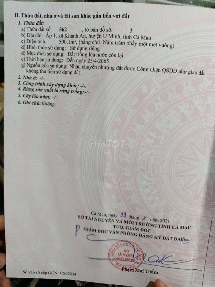Bán đất Cà Mau xã Khánh An huyện U Minh