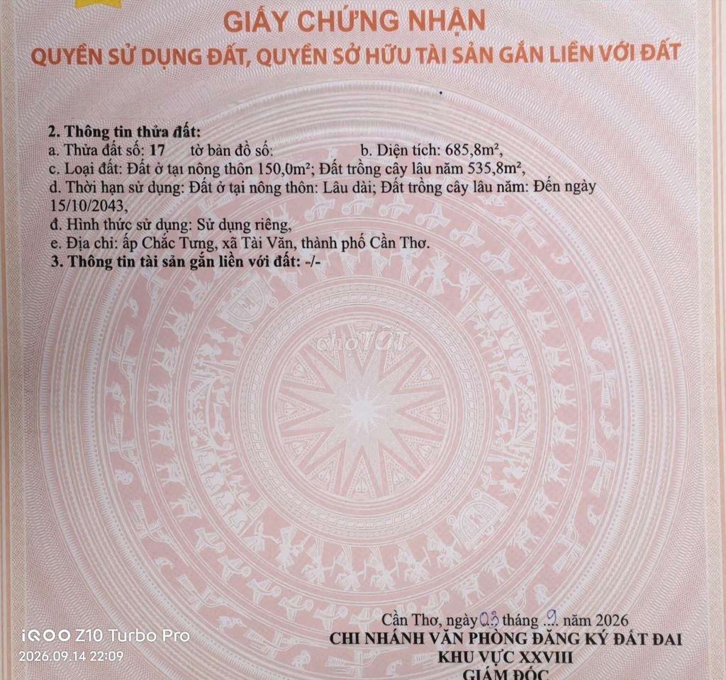 Bán đất thổ cư 685,8m² mặt tiền 20m xã Tài Văn, Cần Thơ (Sóc Trăng cũ)