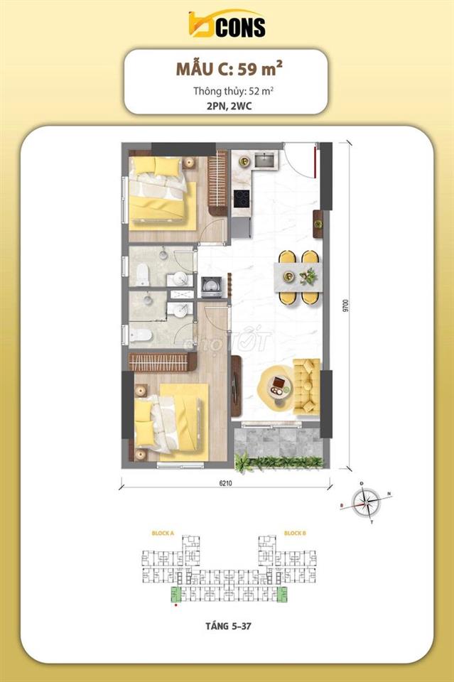 Dự án Bcons Aria Dĩ An Căn hộ 2PN - 2WC