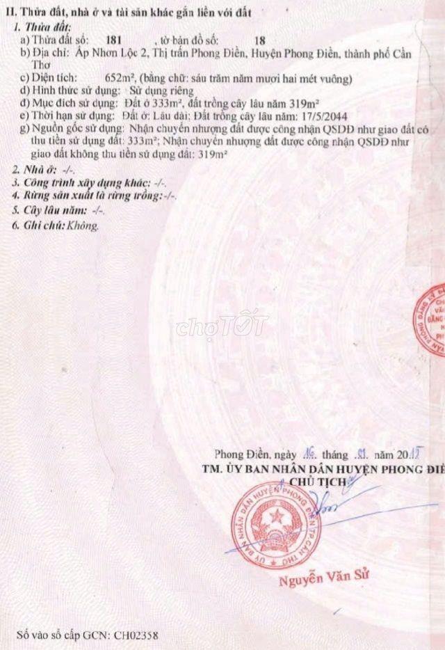 Bán đất mặt tiền đường Số 2 Trung Tâm Phong Điền Cần Thơ.