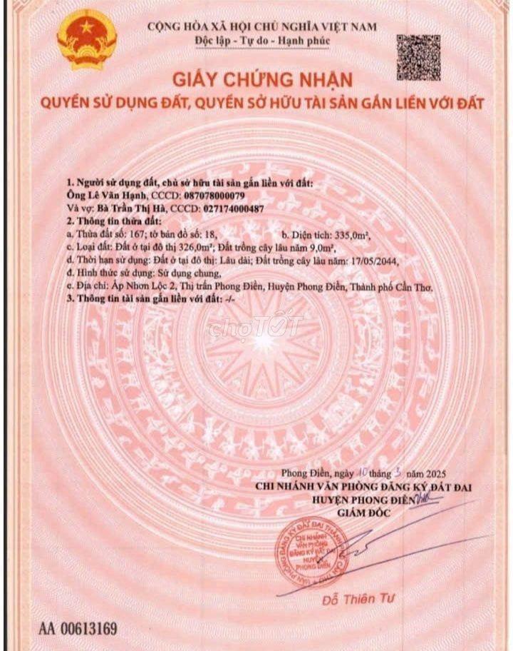 Bán đất mặt tiền đường Số 2 Trung Tâm Phong Điền Cần Thơ.