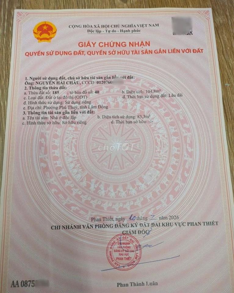Bán nhà ngay chợ Phú Thủy