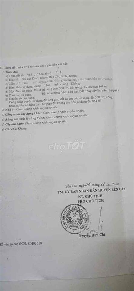 Bán Đất Quy Hoạch Tân Định ( Bến Cát )
