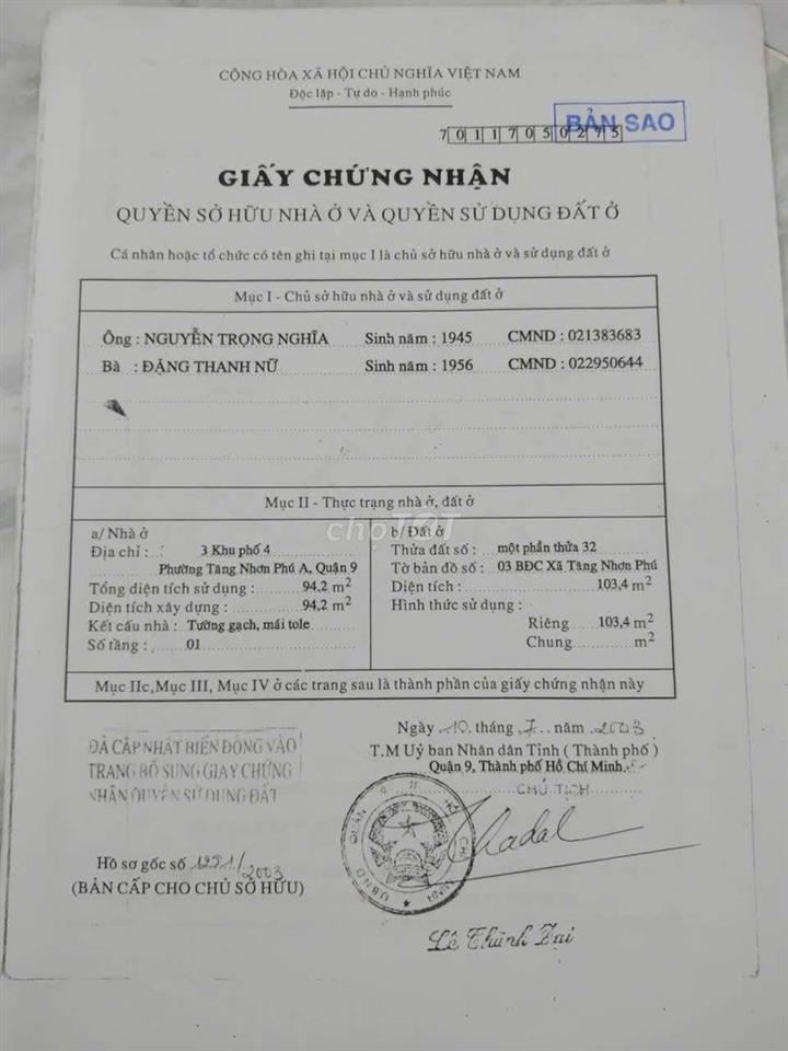  CHỦ GỬI BÁN NHÀ ĐƯỜNG 494 TĂNG NHƠN PHÚ A 