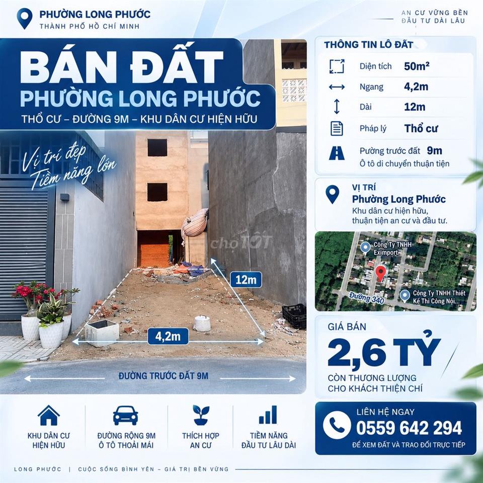 🔥 LÔ ĐẤT 50M² – LONG PHƯỚC | NGANG 4,2M | ĐƯỜNG 9M