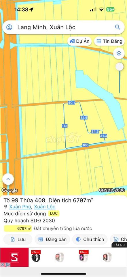 Bán 6796,5m2 đất lúa ngay chợ Lang Minh,sát đường DT765 chỉ 1,4 tỷ