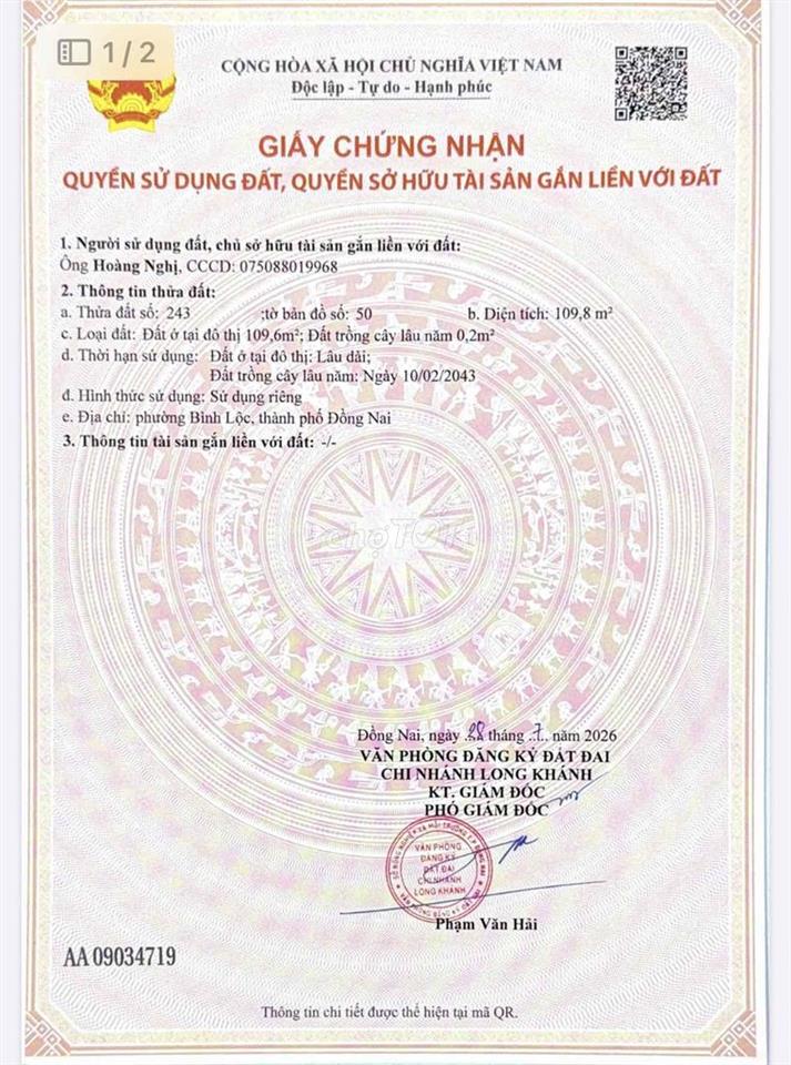 Bán nền đất thổ cư 109m2 ngay chợ Cây Me, Bình Lộc,tp Đồng Nai
